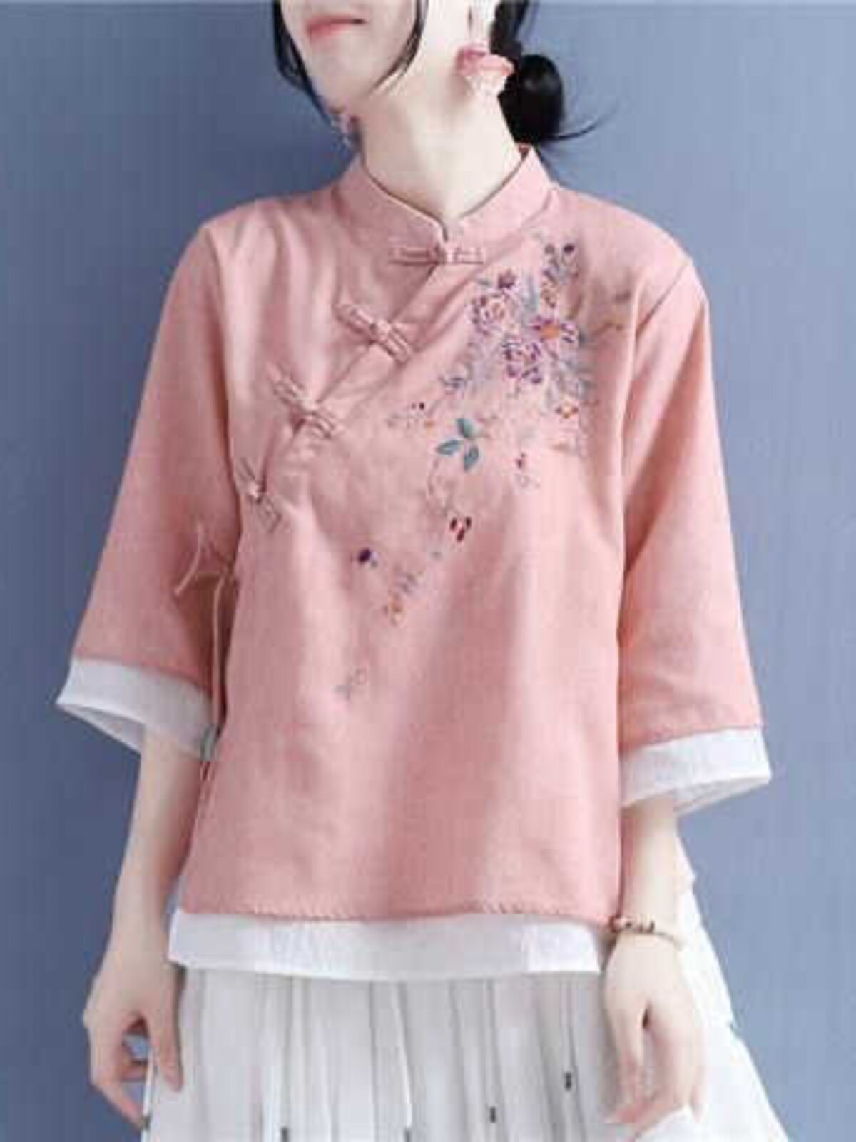 CHINESE RETRO EMBROIDERED COTTON AND LINEN SHIRT PLACKET 2024 DISC BUCKLE NEW CROPPED TOP CHINESE STAND-UP COLLAR TEA DRESS