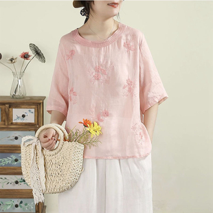 宽松通勤百搭半袖 新品 上衣女 女夏季 文艺复古棉麻刺绣圆领T恤短袖