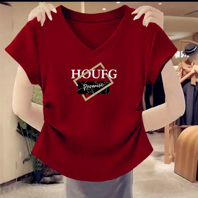 纯棉时尚褶皱V领短袖t恤女夏季设计感修身短款小个子正肩体恤上衣