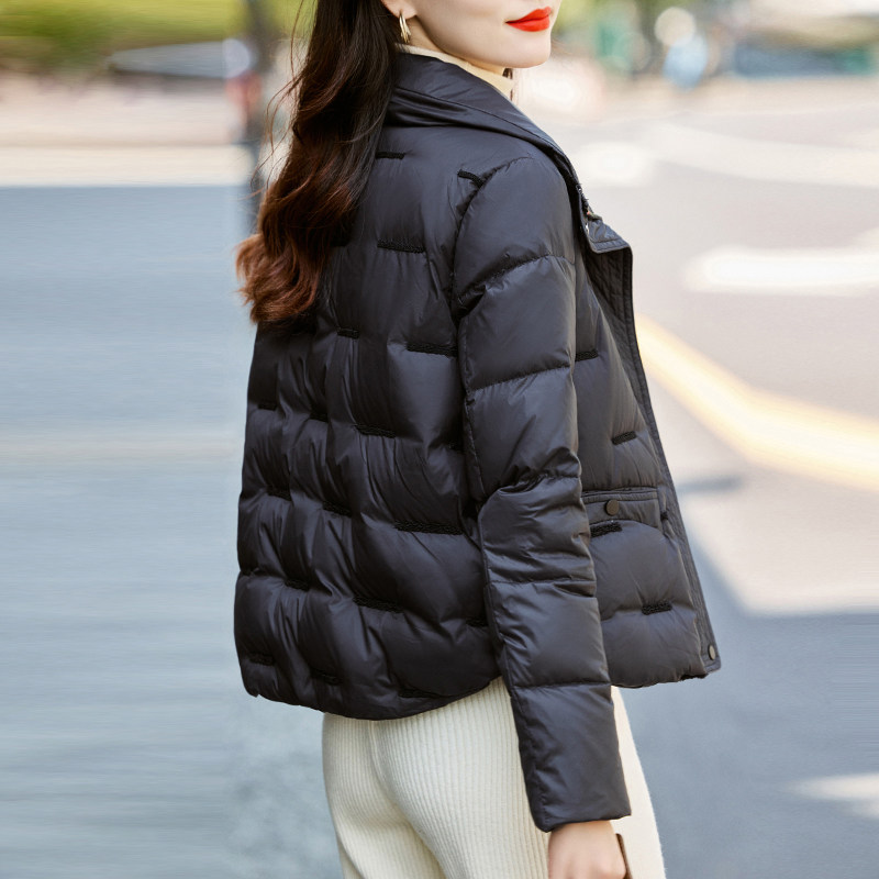 黑色短款羽绒服女冬2023年新款小个子时尚轻薄白鸭绒立领加厚外套