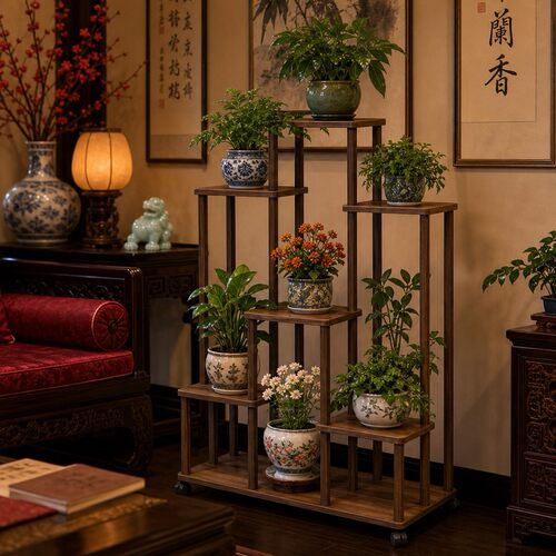 胡桃木多层落地带轮花架