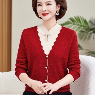 中老年秋冬装国风打底衫加绒加厚假两件毛衣中老年女洋气内搭上衣