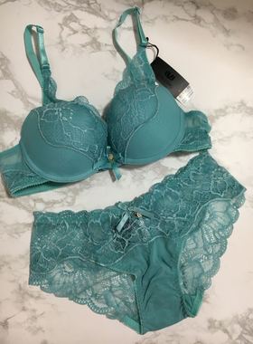 韩国ullala文胸套装蓝色薄纱蕾丝蝴蝶结女士内衣聚拢集中性感加厚