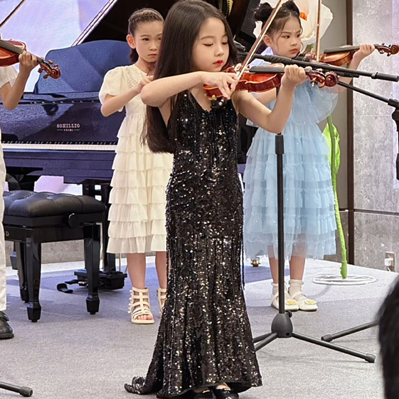 女童礼服钢琴演出服法式黑色鱼尾