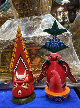 尼泊尔不丹实木手工彩绘雕刻 忿怒五觉五官佛 护法朵玛食子花摆放