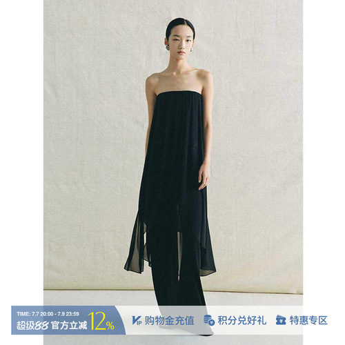 DEEPMOSS墨玉飘纱长抹胸连衣裙