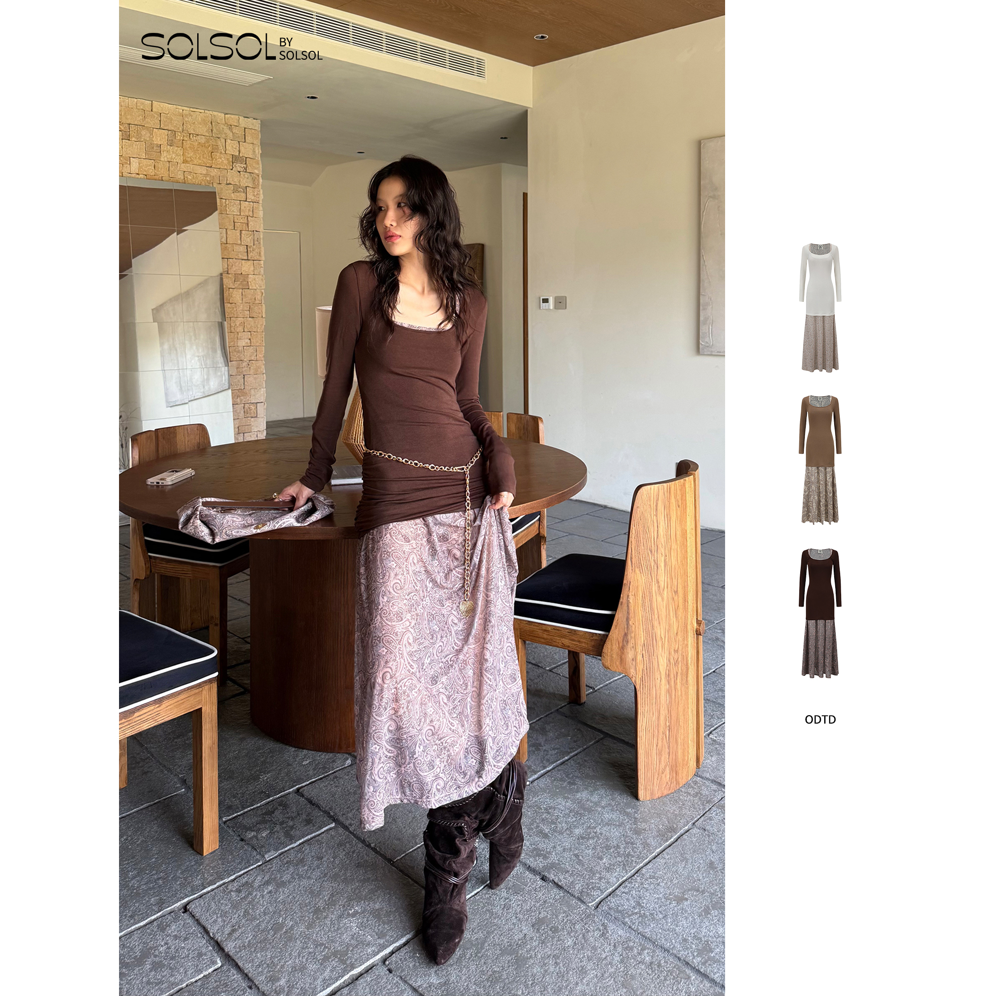 ODTD 设计师品牌 25早秋新品 腰果花撞色真两件U领连衣裙 SOLSOL