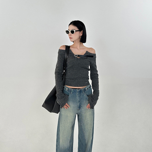 SOLSOL买手店CNLEEWEI设计师品牌可拆皮带一字肩毛织喇叭长袖 上衣