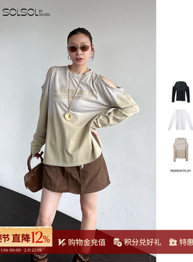 MOMENTPLAY 设计师 25秋冬新品 logo刺绣装饰露肩洗水长袖T恤