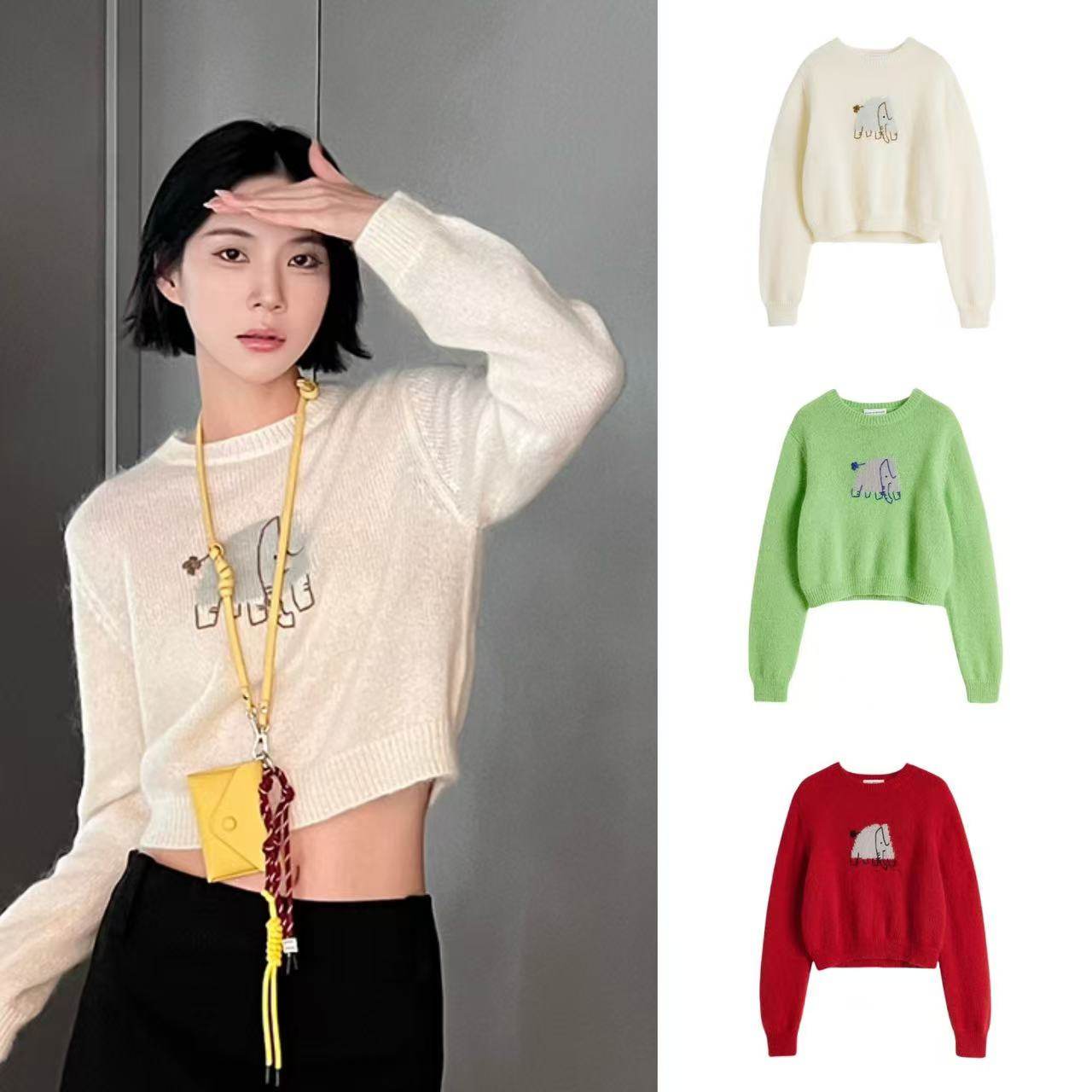 SOLSOL买手店SHORT SENTENCE25早春新品 马海毛手绣大象圆领上衣