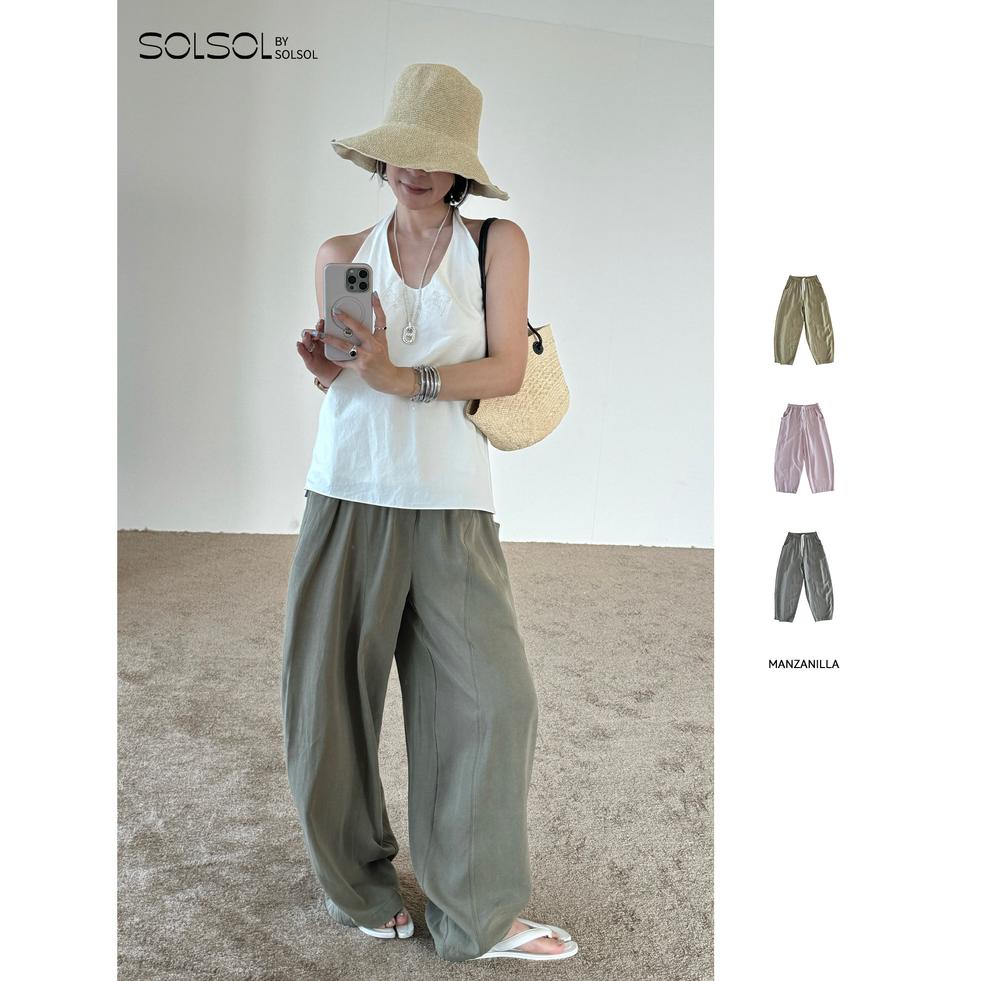 MANZANILLA 设计师26夏季新款休闲蕾丝抽绳分割线长裤 SOLSOL - 实物图
