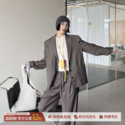 【特价款现货】SHORTSENTENCE25早春双色袖口细条纹廓形西装套