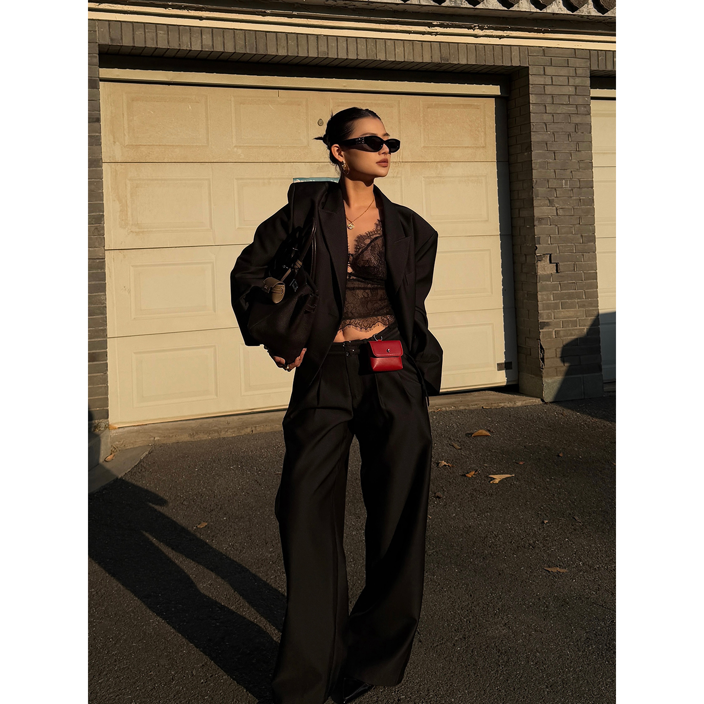 CNLEEWEI廓形西装双腰带西裤