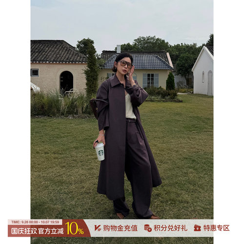 YIYI斜纹羊毛翻领长外套