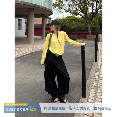 ETHOR优雅黄色V领长袖针织开衫