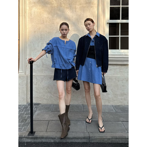 DEEPMOSS海蓝条纹半裹胸裙/外套