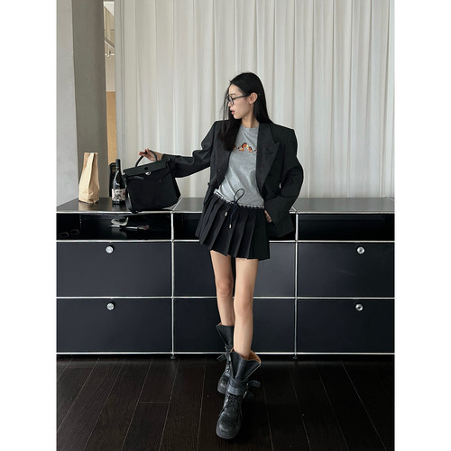 ETHOR秋冬女士羊毛系带拼接短裙