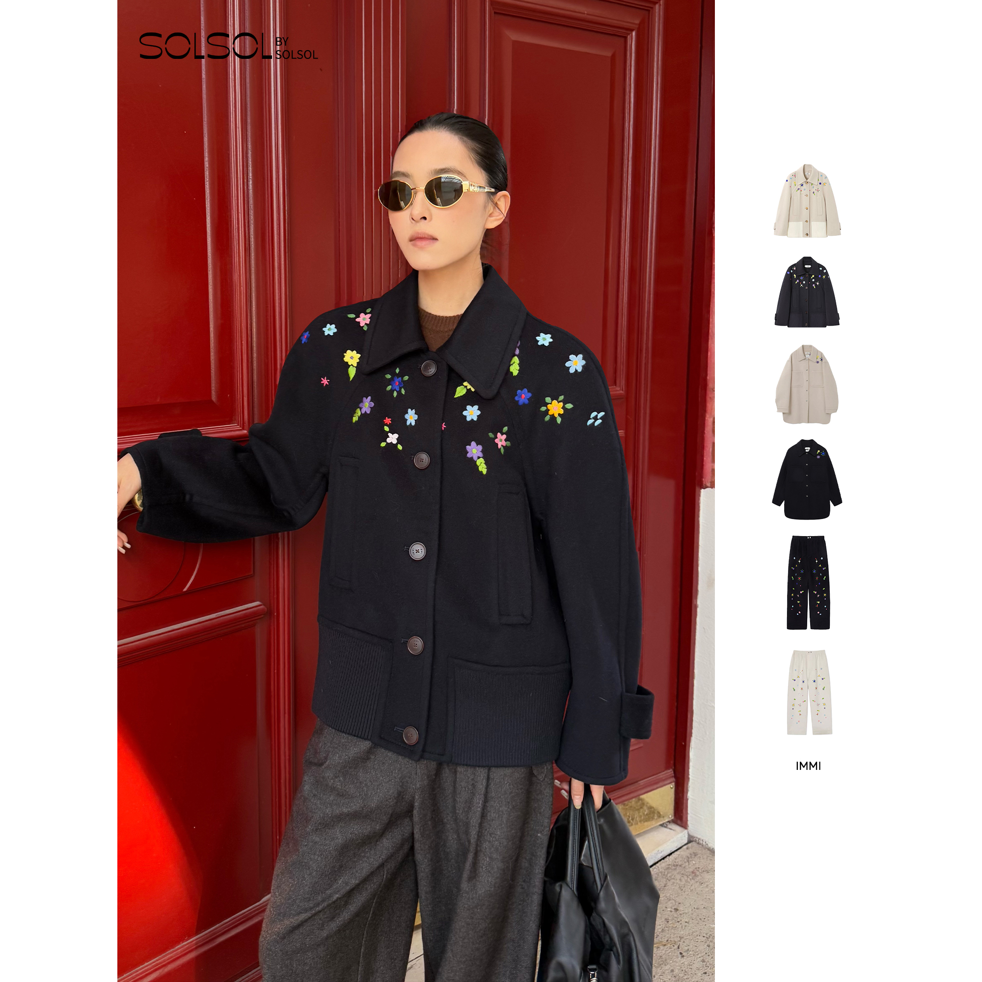 IMMI羊绒双面呢绣花外套裤子