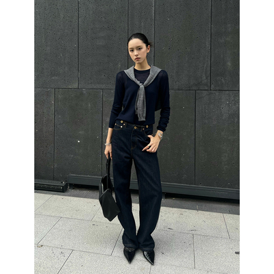 IMMI秋新品复古牛仔直筒长裤女