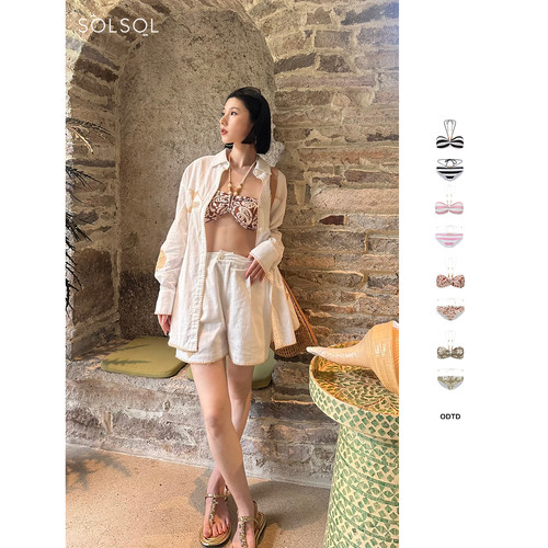 ODTD设计师绑带条纹泳衣分体套装