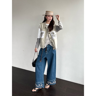 松弛感撞色绣花直筒九分牛仔裤 SOLSOL 设计师26春夏新款 ANNENONO