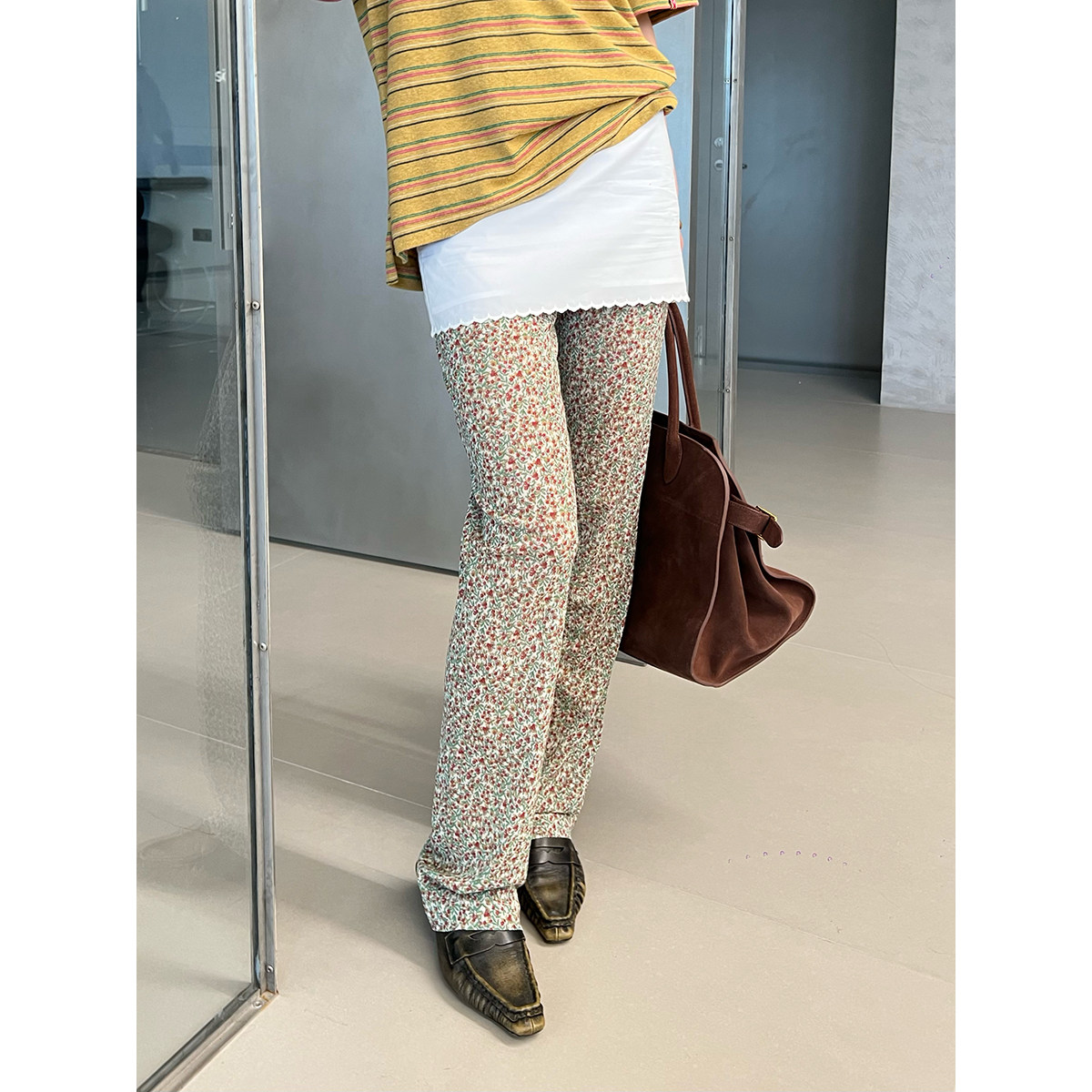 OIIORIRI复古碎花网纱直筒裤