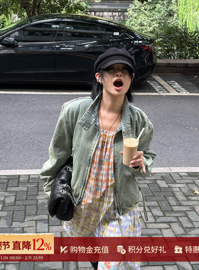 MOMENTPLAY  25秋冬新品 宽肩花苞老布牛仔洗水哈灵顿夹克外套