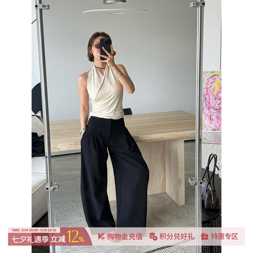 DEEPMOSS雾黑垂坠高腰微弧长裤