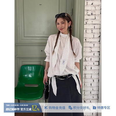 ETHOR白色波点立领飘带长袖衬衣