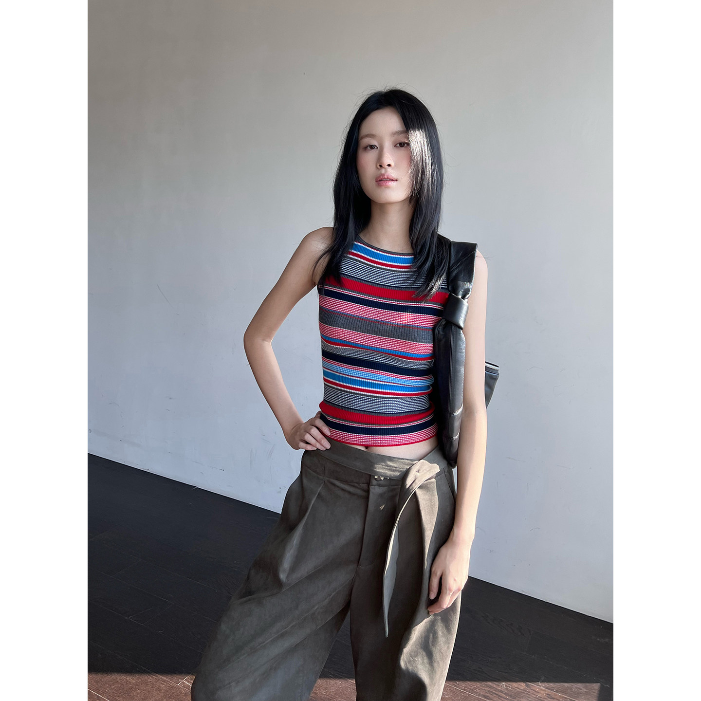 IMMI羊毛条纹无袖背心/长半裙女