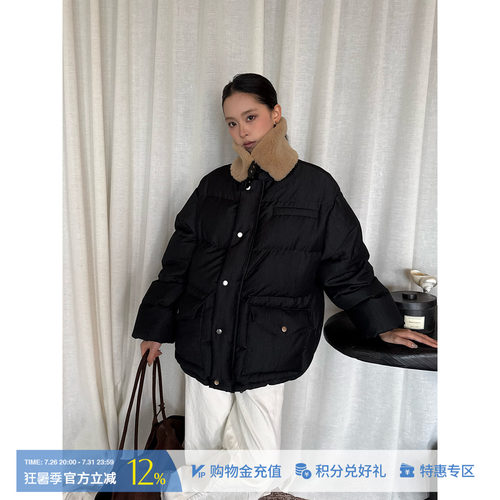 ETHOR保暖皮领绗缝羽绒服外套女