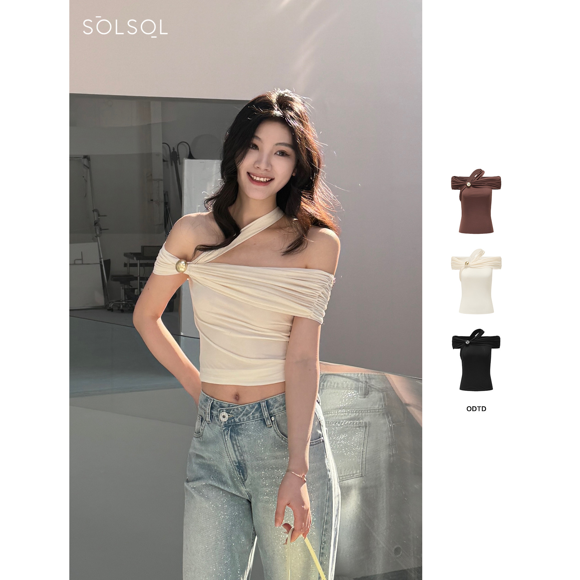 ODTD 设计师品牌 25春夏复古高弹斜肩金属装饰短T恤TSOLSOL买手店图片