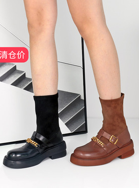清仓‖可媚秋冬款圆头胎牛皮拼接皮带扣套筒马丁靴女KC21859-211