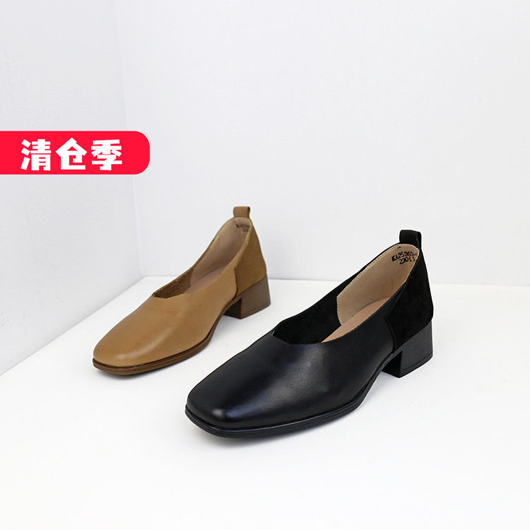 特价II可媚春款方头磨砂牛皮拼接粗低跟浅口甜美单鞋KA25363-361