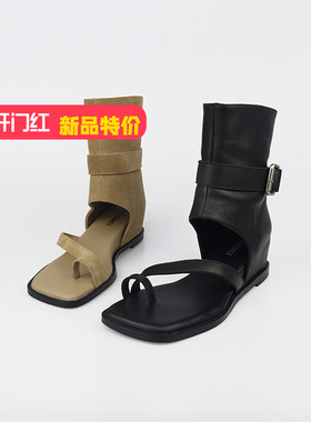 可媚2025夏季新款方头羊猄皮细带皮带扣坡跟套趾凉靴女KB25691-89