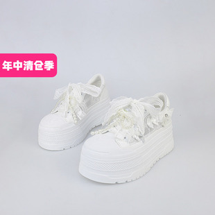 特价II可媚春款圆头牛皮蕾丝厚底透气系带白色休闲鞋女KA25342-58