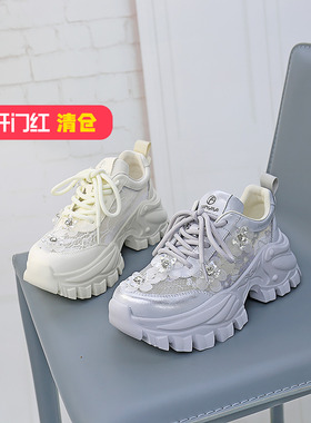 特价II可媚夏款牛皮蕾丝网面亮片闪钻系带休闲老爹鞋女KB24364-15