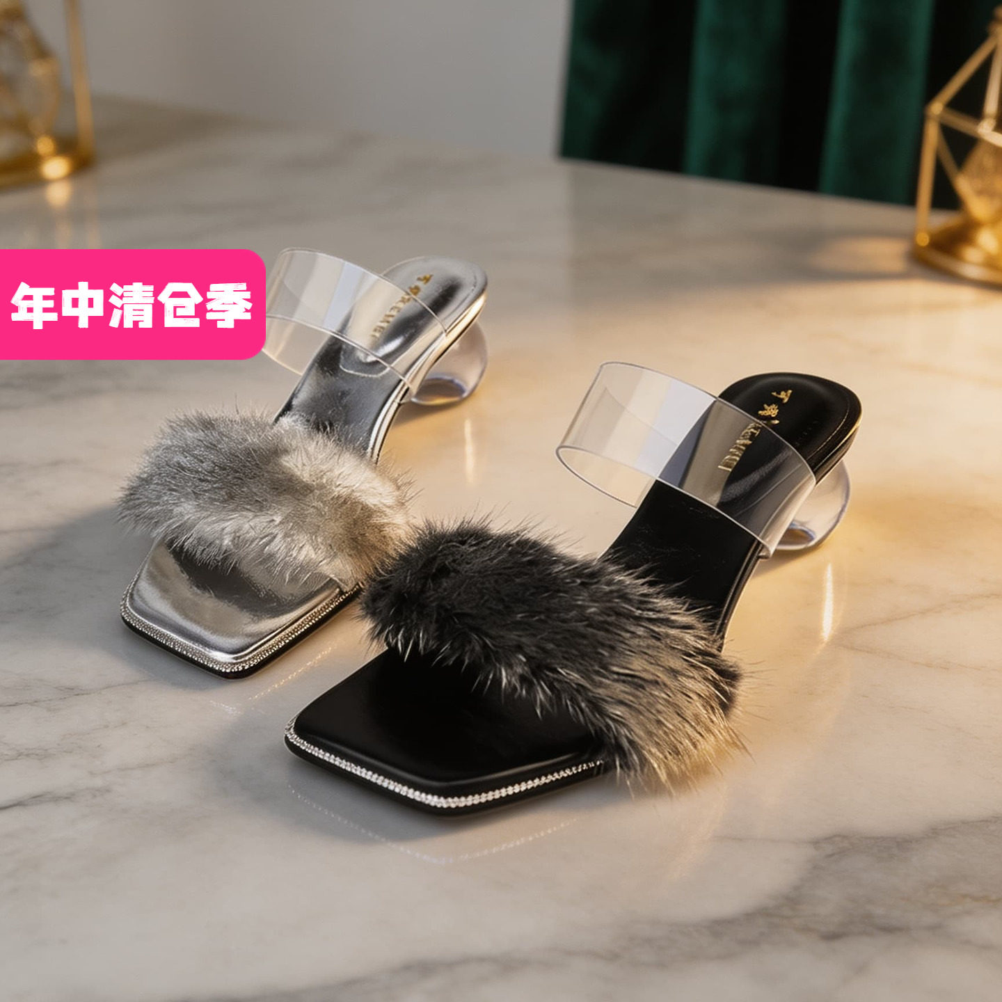 特价II可媚夏款手抓纹牛皮獭兔毛亮片水晶粗中跟拖鞋KB25681-167