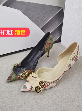 清仓‖可媚春款尖头布面羊皮蝴蝶结铆钉细高跟单鞋女KA22621-187
