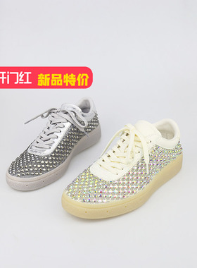 可媚2025新夏款圆头牛皮闪钻网面鞋平底系带休闲鞋女KB25683-298