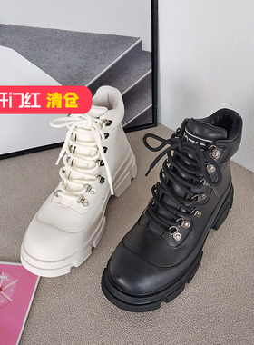 清仓‖可媚正品冬款圆头牛皮系带铆钉防滑松糕马丁靴KC21823-385