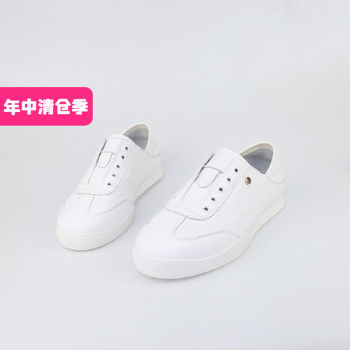 可媚小白鞋圆头牛皮拼接休闲鞋