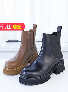 清仓II可媚冬款圆头胎牛皮松紧带短靴防滑厚底马丁靴女KC23914-32