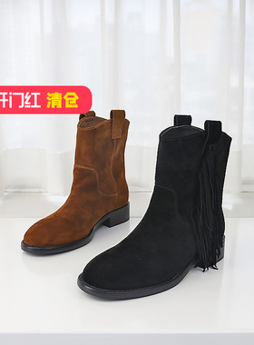 特价II可媚秋冬款圆头羊猄皮拼色粗低跟套筒流苏短靴女KC24922-08