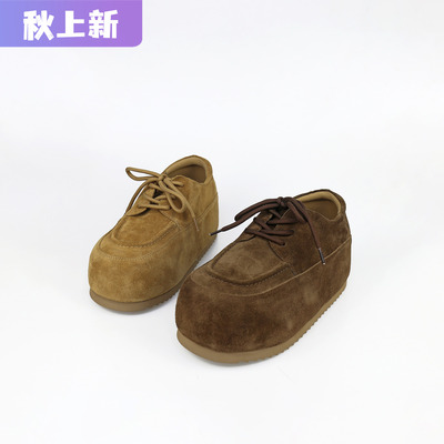 可媚圆头牛猄皮厚底系带勃肯女鞋