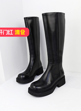 特价II可媚秋冬款圆头胎牛皮防水台厚底侧拉链高筒靴子KC24895-09