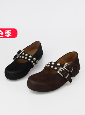 特价II可媚秋款圆头摔纹牛皮铆钉扣带平跟玛丽珍鞋女KC25863-151