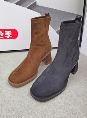 清仓‖可媚正品冬款圆头弹力绒防水台粗高跟套筒马丁靴KC22789-81