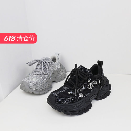 可媚圆头羊猄皮闪钻厚底老爹鞋女