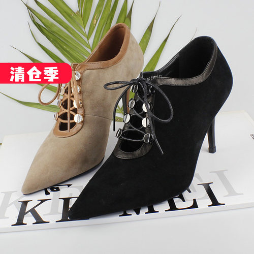 尖头及裸可媚系带细高跟单鞋